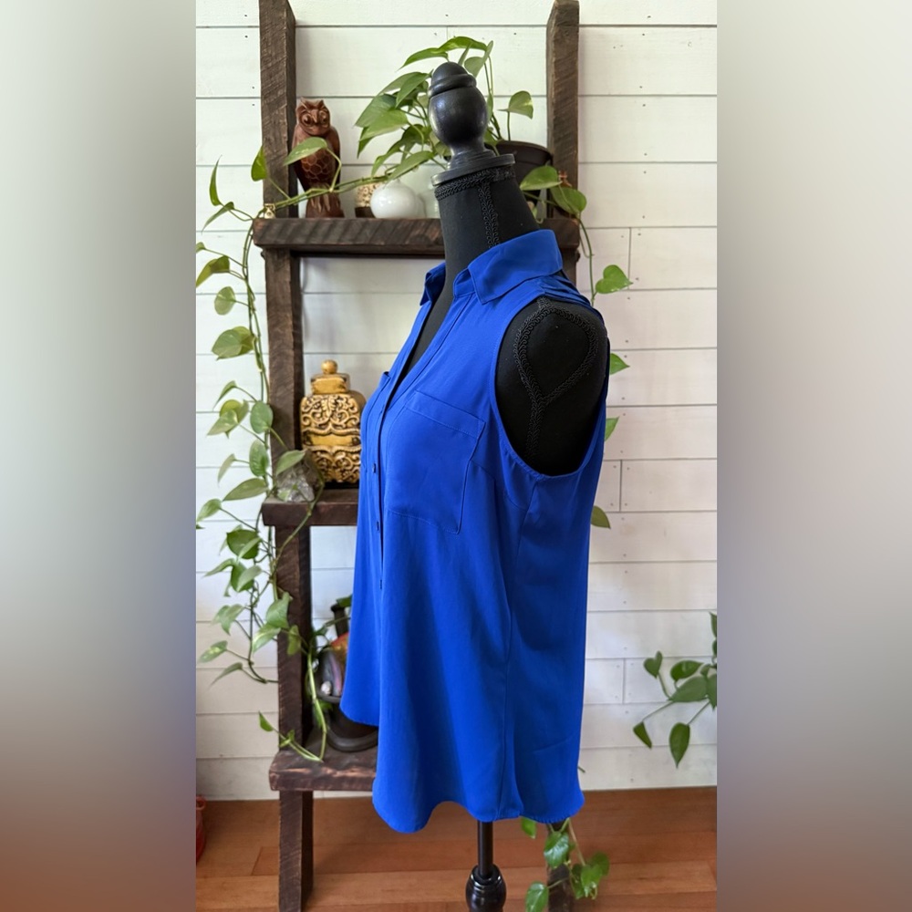 Express: Blue Sleeveless Button-Up Blouse with Cold Shoulder Back - Picture 16 of 17